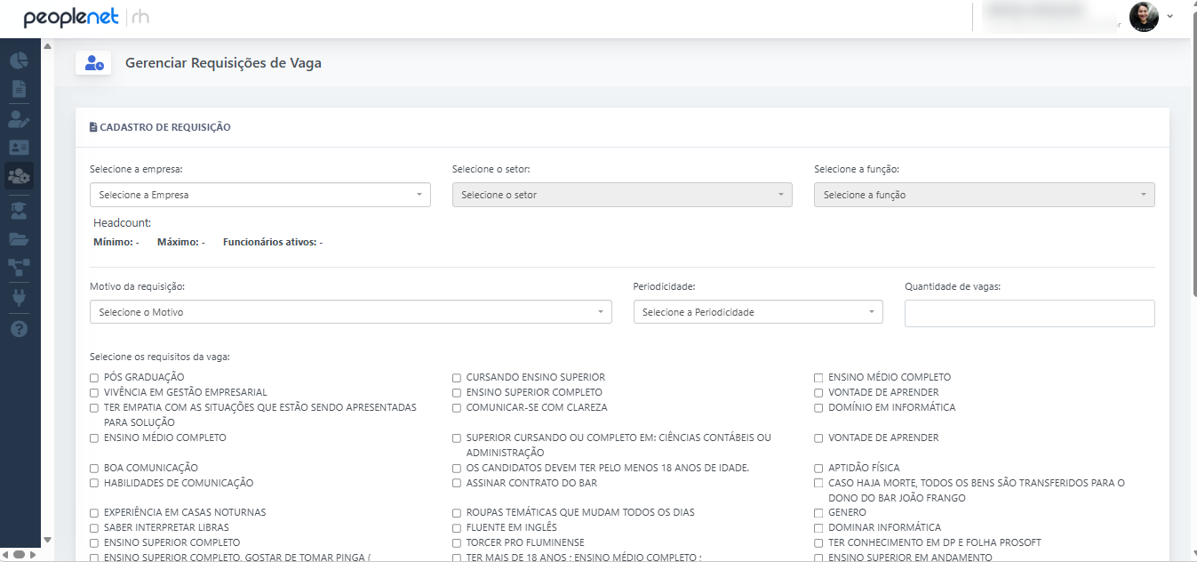 Gerenciamento de requisições de vaga no Peoplenet RH