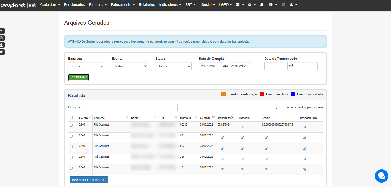 Arquivos de eventos do eSocial gerados e transmitidos pelo Peoplenet SST